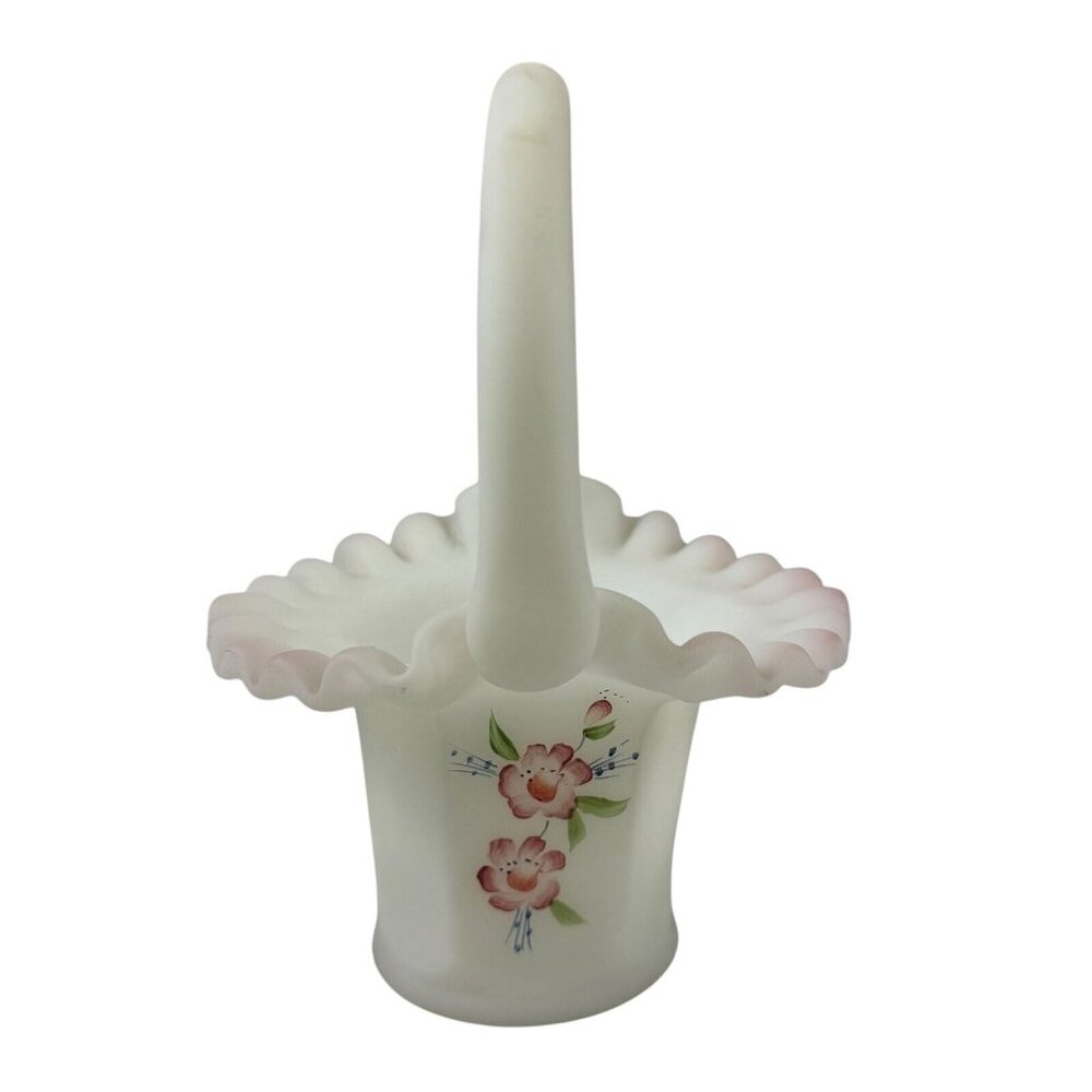Fenton Basket White Satin Glass Hand Painted Roses Pink Ruffed Edge Vintage 1990